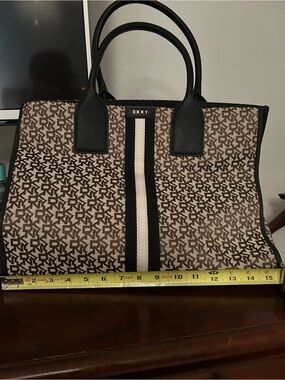 DKNY Brown Monogram Tote with Black Handles and Center Stripe